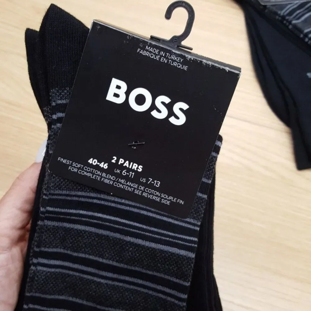 HUGO BOSS Crew Dress Socks Mens 4-Pair Solid Black Stripe Cotton Blend 2-Pack x2